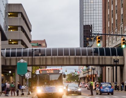 Bus crossing Monroe Ave in Downtown Grand Rapids, Michigan