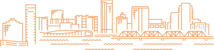 Grand Rapids city skyline in orange line art
