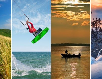 A collage of four images side-by-side. Starting from the left - first image, someone hiking. Second image, someone parasailing, third image someone fishing on a lake, fourth image someone on a snow covered hill.